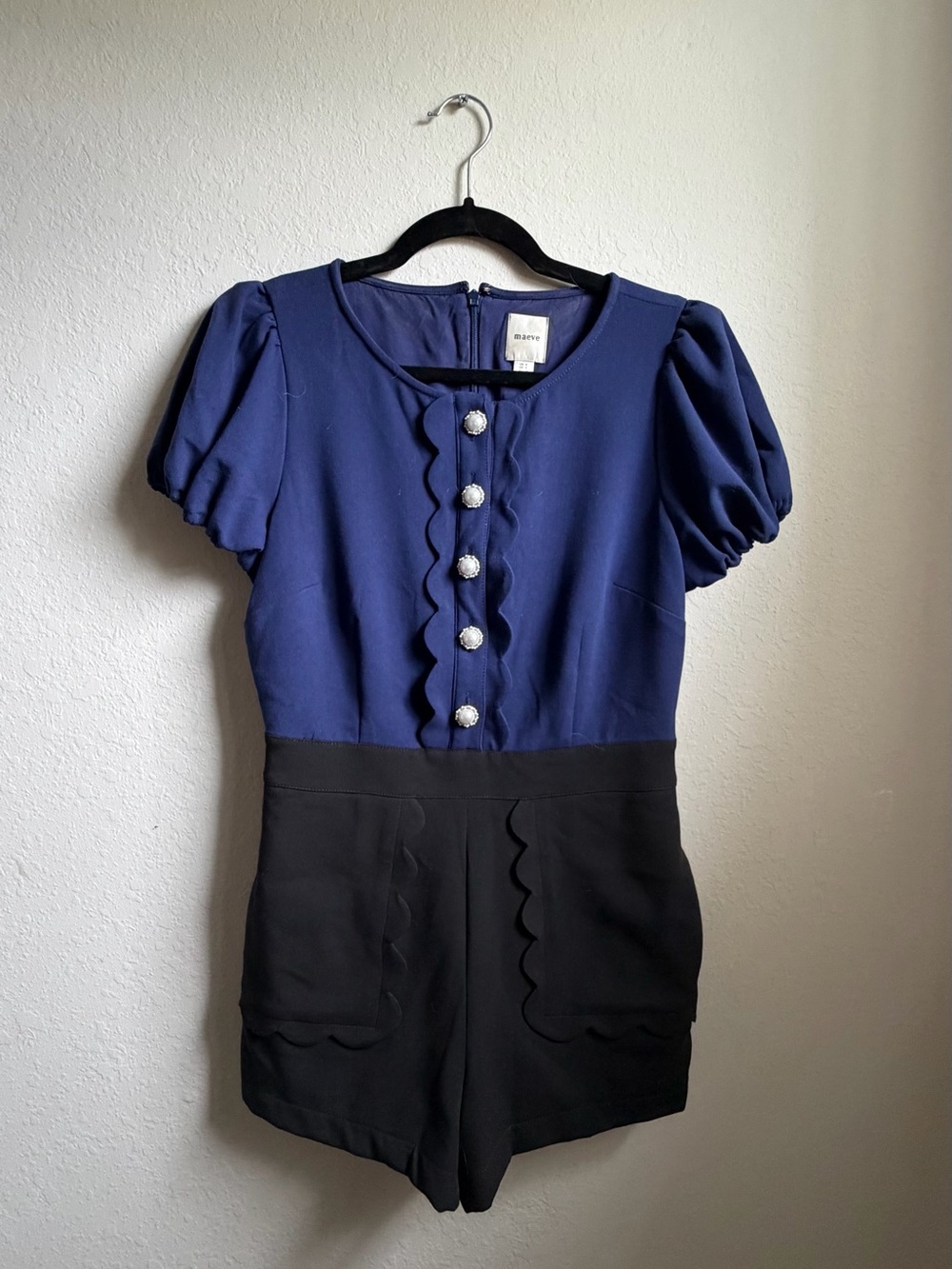 Anthropologie Navy and Black Scalloped Romper with Pearl Buttons